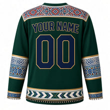 Load image into Gallery viewer, Pakistan Original Hockey Jersey in Karakoram Emerald, back view with your name and number – Sindhi ajrak yoke and Multani blue-pottery sleeve bands
