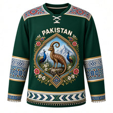 Load image into Gallery viewer, Pakistan Original Hockey Jersey in Karakoram Emerald, front view – truck-art markhor diamond crest and Sindhi ajrak yoke with ornate detailed artwork, custom name and number