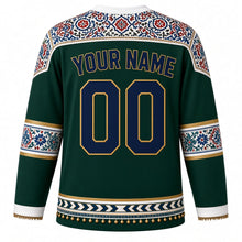 Load image into Gallery viewer, Pakistan Original Hockey Jersey in Markhor Green, back view with your name and number – Sindhi ajrak yoke and Multani blue-pottery sleeve bands
