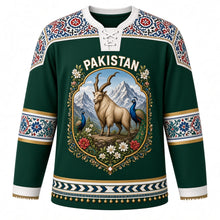 Load image into Gallery viewer, Pakistan Original Hockey Jersey in Markhor Green, front view – truck-art markhor diamond crest and Sindhi ajrak yoke with ornate detailed artwork, custom name and number
