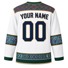 Load image into Gallery viewer, Pakistan Original Hockey Jersey in Jasmine White, back view with your name and number – Sindhi ajrak yoke and Multani blue-pottery sleeve bands