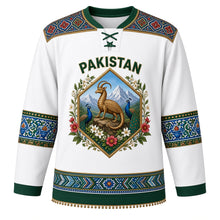 Load image into Gallery viewer, Pakistan Original Hockey Jersey in Jasmine White, front view – truck-art markhor diamond crest and Sindhi ajrak yoke with ornate detailed artwork, custom name and number