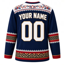 Load image into Gallery viewer, Panama Original Hockey Jersey in Canal Blue, back view with your name and number – pollera-embroidery yoke and sombrero pintao weave sleeve bands