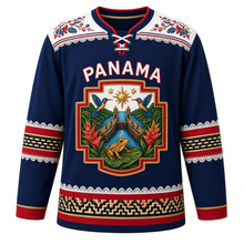 Load image into Gallery viewer, Panama Original Hockey Jersey in Canal Blue, front view – Guna mola Panama Canal crest and pollera-embroidery yoke with ornate detailed artwork, custom name and number