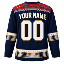 Load image into Gallery viewer, Panama Original Hockey Jersey in Isthmus Navy, back view with your name and number – pollera-embroidery yoke and sombrero pintao weave sleeve bands