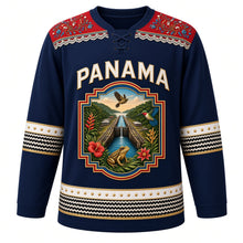 Load image into Gallery viewer, Panama Original Hockey Jersey in Isthmus Navy, front view – Guna mola Panama Canal crest and pollera-embroidery yoke with ornate detailed artwork, custom name and number