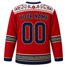 Load image into Gallery viewer, Panama Original Hockey Jersey in Mola Red, back view with your name and number – pollera-embroidery yoke and sombrero pintao weave sleeve bands