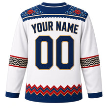 Load image into Gallery viewer, Panama Original Hockey Jersey in Pollera White, back view with your name and number – pollera-embroidery yoke and sombrero pintao weave sleeve bands