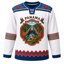 Load image into Gallery viewer, Panama Original Hockey Jersey in Pollera White, front view – Guna mola Panama Canal crest and pollera-embroidery yoke with ornate detailed artwork, custom name and number