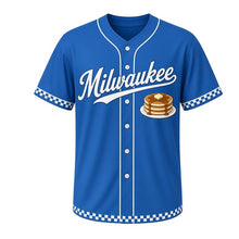 Load image into Gallery viewer, Pancake Breakfast Milwaukee Baseball Jersey in Blueberry Lake Blue, front view – short stack of pancakes with butter and syrup graphic, custom name and number