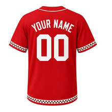 Load image into Gallery viewer, Pancake Breakfast Milwaukee Baseball Jersey in Diner Booth Red, back view with your name and number – custom block name and number with checkered sleeves