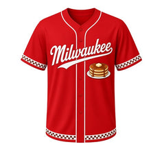 Load image into Gallery viewer, Pancake Breakfast Milwaukee Baseball Jersey in Diner Booth Red, front view – short stack of pancakes with butter and syrup graphic, custom name and number