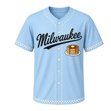 Load image into Gallery viewer, Pancake Breakfast Milwaukee Baseball Jersey in Sunday Morning Sky, front view – short stack of pancakes with butter and syrup graphic, custom name and number