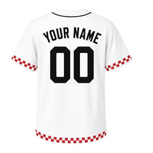 Load image into Gallery viewer, Pancake Breakfast Milwaukee Baseball Jersey in Griddle White, back view with your name and number – custom block name and number with checkered sleeves