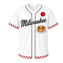 Load image into Gallery viewer, Pancake Breakfast Milwaukee Baseball Jersey in Griddle White, front view – short stack of pancakes with butter and syrup graphic, custom name and number