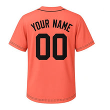 Load image into Gallery viewer, Paper Airplane Milwaukee Baseball Jersey in Sunset Coral, back view with your name and number – custom block name and number with dashed-line sleeves
