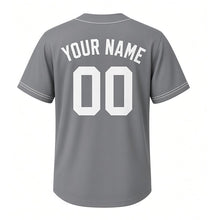 Load image into Gallery viewer, Paper Airplane Milwaukee Baseball Jersey in Cloud Steel Gray, back view with your name and number – custom block name and number with dashed-line sleeves
