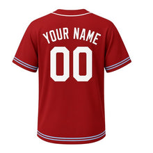 Load image into Gallery viewer, Paper Boat Milwaukee Baseball Jersey in Warehouse Brick, back view with your name and number – custom block name and number with ripple-pattern sleeves