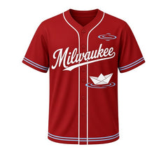 Load image into Gallery viewer, Paper Boat Milwaukee Baseball Jersey in Warehouse Brick, front view – folded paper boat on river ripples graphic, custom name and number
