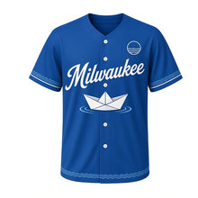 Load image into Gallery viewer, Paper Boat Milwaukee Baseball Jersey in Riverwalk Blue, front view – folded paper boat on river ripples graphic, custom name and number