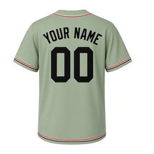 Load image into Gallery viewer, Paper Boat Milwaukee Baseball Jersey in Riverbank Sage, back view with your name and number – custom block name and number with ripple-pattern sleeves