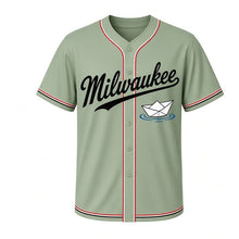 Load image into Gallery viewer, Paper Boat Milwaukee Baseball Jersey in Riverbank Sage, front view – folded paper boat on river ripples graphic, custom name and number