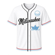 Load image into Gallery viewer, Paper Boat Milwaukee Baseball Jersey in River Mist White, front view – folded paper boat on river ripples graphic, custom name and number