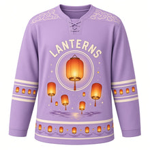 Load image into Gallery viewer, Paper Lantern Night Original Hockey Jersey in Twilight Lilac, front view – glowing paper lanterns floating over a calm river with lantern crest, custom name and number