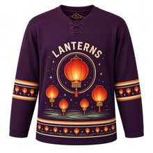 Load image into Gallery viewer, Paper Lantern Night Original Hockey Jersey in Lantern Plum, front view – glowing paper lanterns floating over a calm river with lantern crest, custom name and number