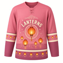 Load image into Gallery viewer, Paper Lantern Night Original Hockey Jersey in Dusk Rose, front view – glowing paper lanterns floating over a calm river with lantern crest, custom name and number