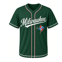 Load image into Gallery viewer, Paper Pinwheel Milwaukee Baseball Jersey in Park Lawn Green, front view – four-blade paper pinwheel graphic, custom name and number