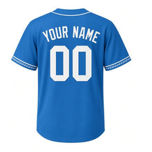 Load image into Gallery viewer, Paper Pinwheel Milwaukee Baseball Jersey in Lakeshore Blue, back view with your name and number – custom block name and number with diagonal-pattern sleeves