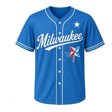 Load image into Gallery viewer, Paper Pinwheel Milwaukee Baseball Jersey in Lakeshore Blue, front view – four-blade paper pinwheel graphic, custom name and number