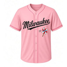 Load image into Gallery viewer, Paper Pinwheel Milwaukee Baseball Jersey in Carnival Pink, front view – four-blade paper pinwheel graphic, custom name and number