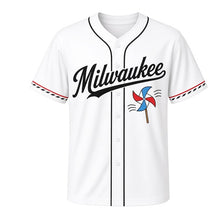 Load image into Gallery viewer, Paper Pinwheel Milwaukee Baseball Jersey in Summer Breeze White, front view – four-blade paper pinwheel graphic, custom name and number