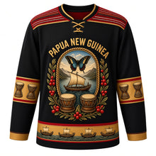 Load image into Gallery viewer, Papua New Guinea Original Hockey Jersey in Volcanic Black, front view – lagatoi canoe and birdwing butterfly oval crest with bilum-weave yoke, ornate detailed artwork, custom name and number