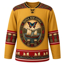 Load image into Gallery viewer, Papua New Guinea Original Hockey Jersey in Birdwing Gold, front view – lagatoi canoe and birdwing butterfly oval crest with bilum-weave yoke, ornate detailed artwork, custom name and number