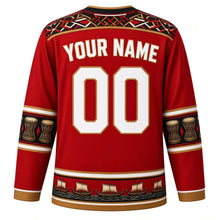 Load image into Gallery viewer, Papua New Guinea Original Hockey Jersey in Highlands Red, back view with your name and number – bilum-weave yoke and kundu-drum sleeve bands
