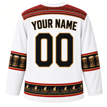 Load image into Gallery viewer, Papua New Guinea Original Hockey Jersey in Coral Sea White, back view with your name and number – bilum-weave yoke and kundu-drum sleeve bands