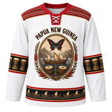 Load image into Gallery viewer, Papua New Guinea Original Hockey Jersey in Coral Sea White, front view – lagatoi canoe and birdwing butterfly oval crest with bilum-weave yoke, ornate detailed artwork, custom name and number