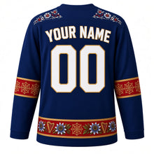 Load image into Gallery viewer, Paraguay Original Hockey Jersey in Itaugua Blue, back view with your name and number – ao po'i embroidery yoke and ñandutí lace sleeve bands