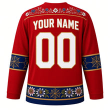 Load image into Gallery viewer, Paraguay Original Hockey Jersey in Guarani Red, back view with your name and number – ao po'i embroidery yoke and ñandutí lace sleeve bands