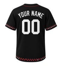 Load image into Gallery viewer, Park Chess Milwaukee Baseball Jersey in Knight Black, back view with your name and number – custom block name and number with checker-stripe sleeves