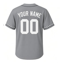 Load image into Gallery viewer, Park Chess Milwaukee Baseball Jersey in Board Gray, back view with your name and number – custom block name and number with checker-stripe sleeves
