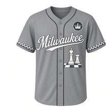 Load image into Gallery viewer, Park Chess Milwaukee Baseball Jersey in Board Gray, front view – king and rook chess pieces graphic with crown crest, custom name and number