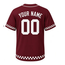 Load image into Gallery viewer, Park Chess Milwaukee Baseball Jersey in Rook Maroon, back view with your name and number – custom block name and number with checker-stripe sleeves