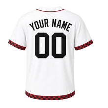 Load image into Gallery viewer, Park Chess Milwaukee Baseball Jersey in Pawn White, back view with your name and number – custom block name and number with checker-stripe sleeves