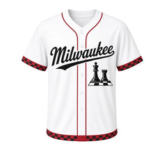 Load image into Gallery viewer, Park Chess Milwaukee Baseball Jersey in Pawn White, front view – king and rook chess pieces graphic with crown crest, custom name and number