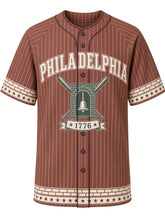 Load image into Gallery viewer, Philadelphia Heritage Baseball Jersey in Brick Red, front view – brick red pinstripe body with cream wordmark and brick-band trim, arched PHILADELPHIA wordmark, bell-in-brick-archway emblem with crossed bats and a 1776 ribbon – custom name and number
