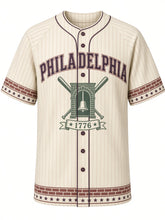 Load image into Gallery viewer, Philadelphia Heritage Baseball Jersey in Cream, front view – cream pinstripe body with plum wordmark and brick trim, arched PHILADELPHIA wordmark, bell-in-brick-archway emblem with crossed bats and a 1776 ribbon – custom name and number